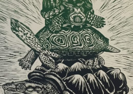 Turtles All the Way Down linocut 2016 Daniella Napolitano